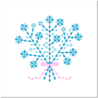 Winter blue flower bouquet with long pink ribbon, version four Posters and Art